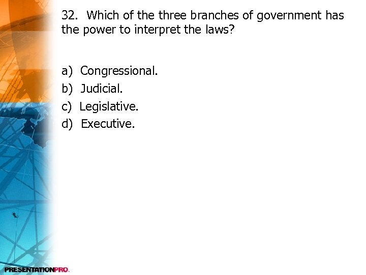 32. Which of the three branches of government has the power to interpret the