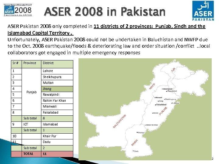 ASER 2008 in Pakistan ASER Pakistan 2008 only completed in 11 districts of 2