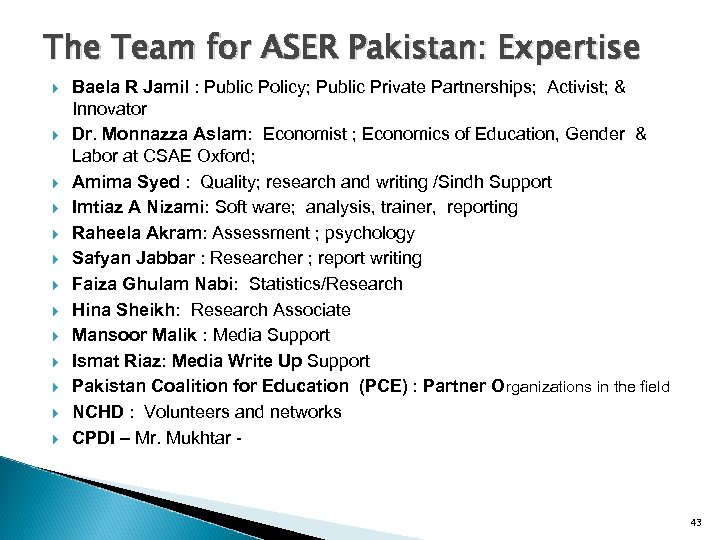 The Team for ASER Pakistan: Expertise Baela R Jamil : Public Policy; Public Private