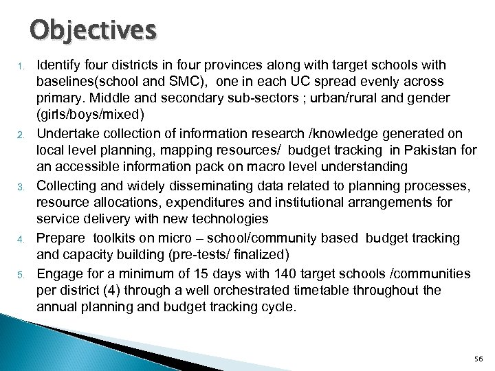 Objectives 1. 2. 3. 4. 5. Identify four districts in four provinces along with