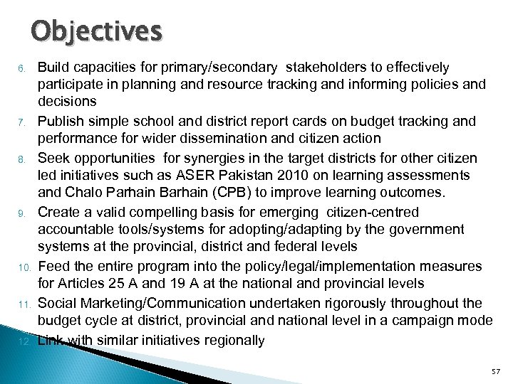 Objectives 6. 7. 8. 9. 10. 11. 12. Build capacities for primary/secondary stakeholders to