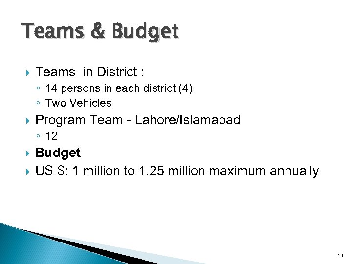 Teams & Budget Teams in District : ◦ 14 persons in each district (4)