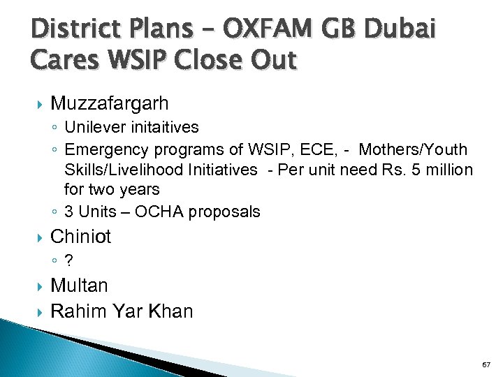 District Plans – OXFAM GB Dubai Cares WSIP Close Out Muzzafargarh ◦ Unilever initaitives