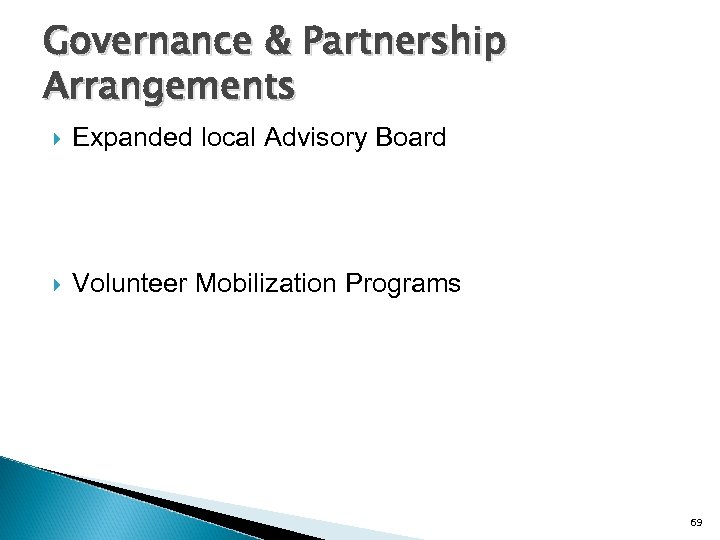 Governance & Partnership Arrangements Expanded local Advisory Board Volunteer Mobilization Programs 69 