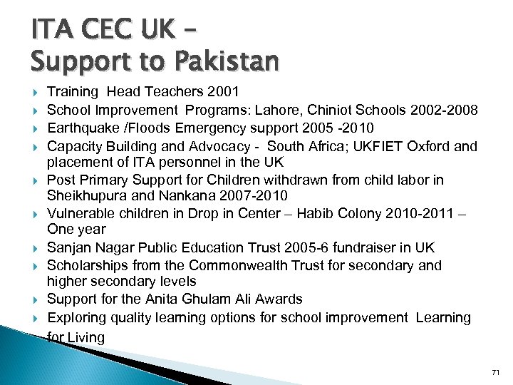 ITA CEC UK – Support to Pakistan Training Head Teachers 2001 School Improvement Programs: