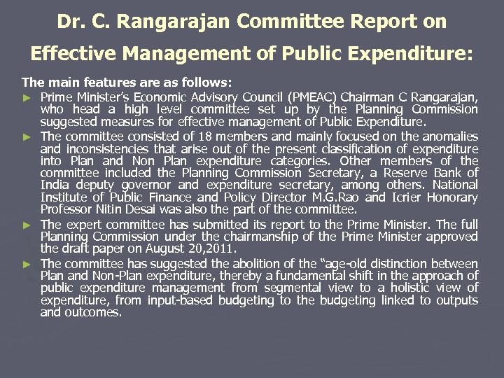 Dr. C. Rangarajan Committee Report on Effective Management of Public Expenditure: The main features