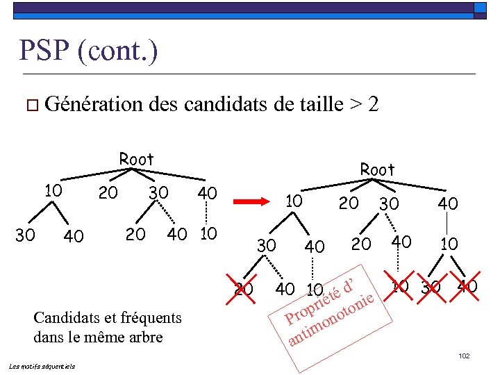 PSP (cont. ) o Génération des candidats de taille > 2 Root 10 30