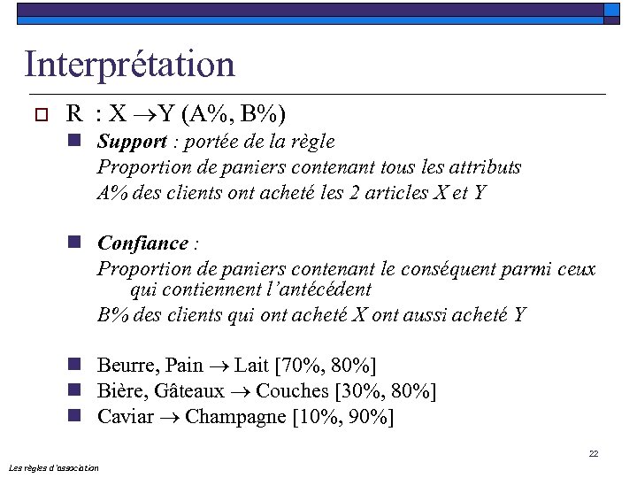 Interprétation o R : X Y (A%, B%) n Support : portée de la