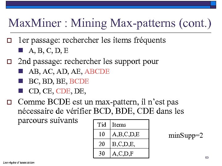 Max. Miner : Mining Max-patterns (cont. ) o 1 er passage: recher les items