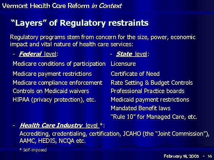 Vermont Health Care Reform in Context “Layers” of Regulatory restraints Regulatory programs stem from