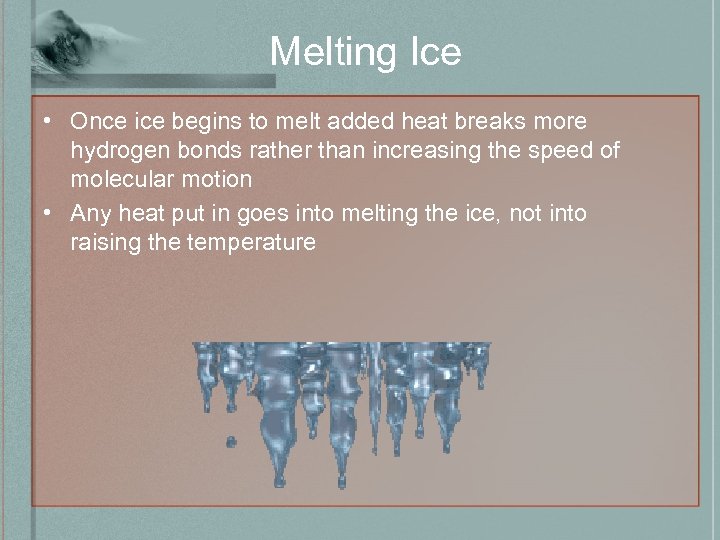 Melting Ice • Once ice begins to melt added heat breaks more hydrogen bonds