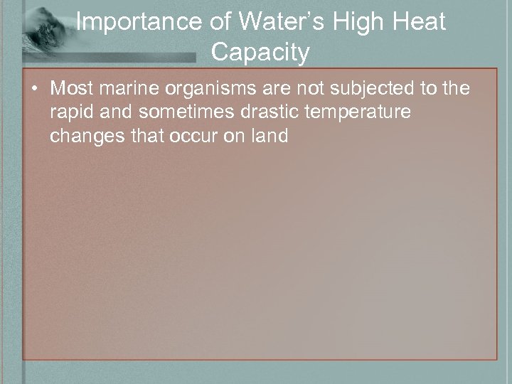 Importance of Water’s High Heat Capacity • Most marine organisms are not subjected to