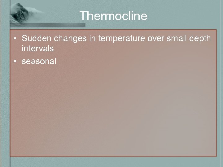 Thermocline • Sudden changes in temperature over small depth intervals • seasonal 