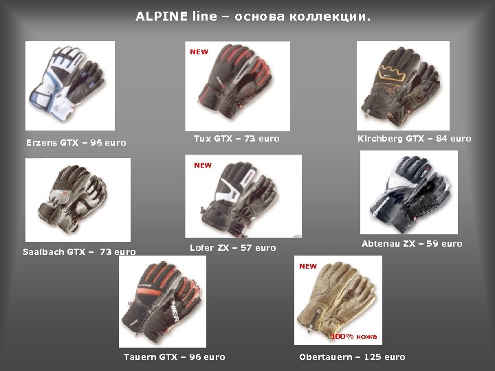 ALPINE line – основа коллекции. NEW Erzens GTX – 96 euro Tux GTX –