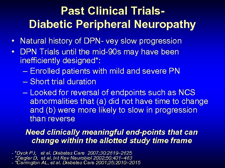 Past Clinical Trials. Diabetic Peripheral Neuropathy • Natural history of DPN- vey slow progression
