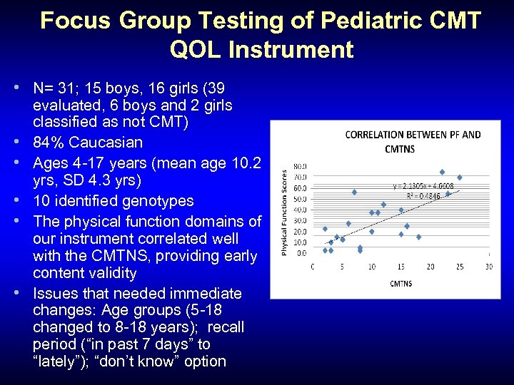 Focus Group Testing of Pediatric CMT QOL Instrument • N= 31; 15 boys, 16