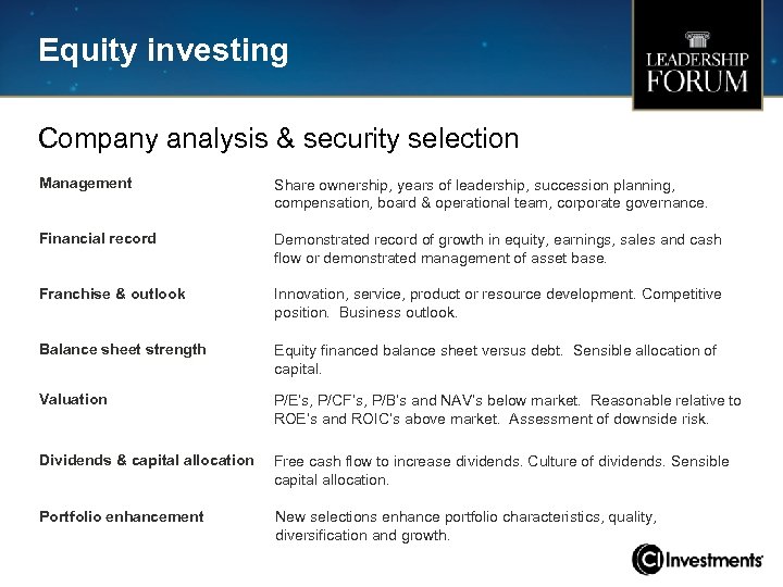 Equity investing Company analysis & security selection Management Share ownership, years of leadership, succession