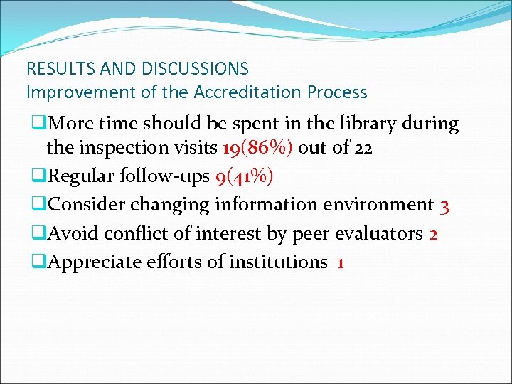RESULTS AND DISCUSSIONS Improvement of the Accreditation Process q. More time should be spent