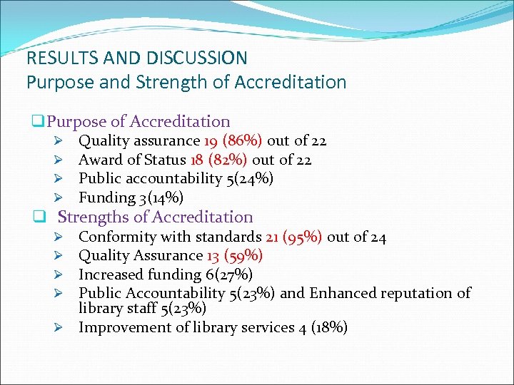 RESULTS AND DISCUSSION Purpose and Strength of Accreditation q Purpose of Accreditation Ø Ø