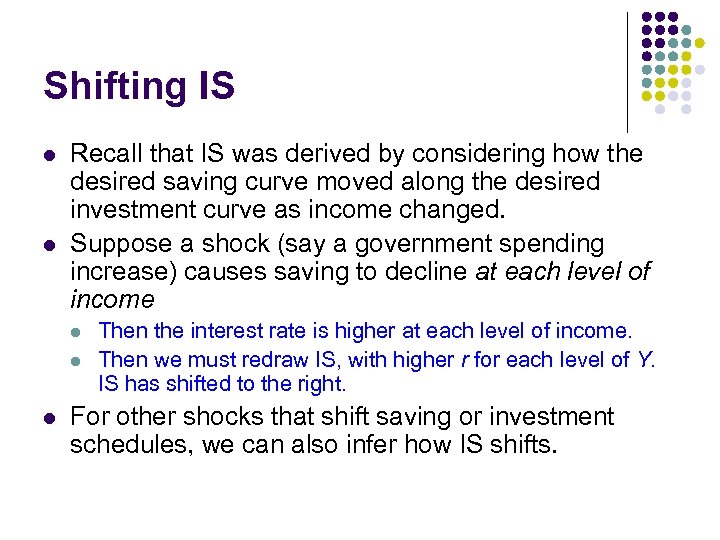 Shifting IS l l Recall that IS was derived by considering how the desired