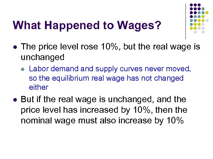 What Happened to Wages? l The price level rose 10%, but the real wage