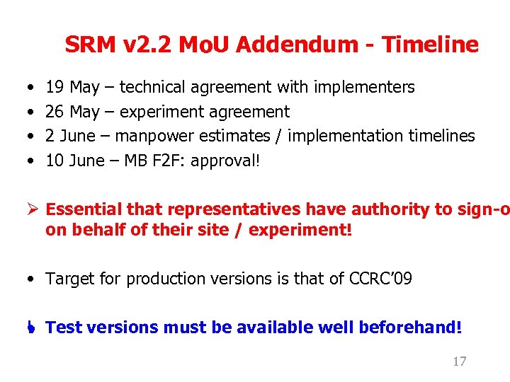 SRM v 2. 2 Mo. U Addendum - Timeline • • 19 May –