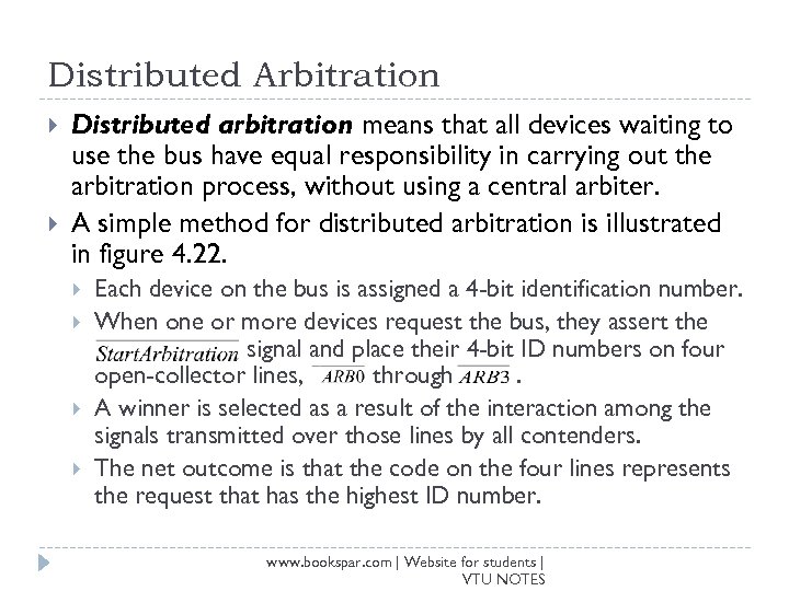 Distributed Arbitration Distributed arbitration means that all devices waiting to use the bus have