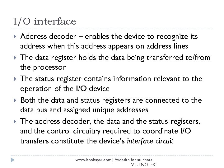 I/O interface Address decoder – enables the device to recognize its address when this