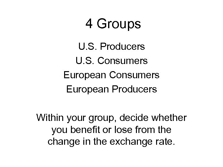 4 Groups U. S. Producers U. S. Consumers European Producers Within your group, decide