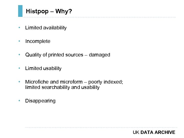 Histpop – Why? ………………………………………………………………. . • Limited availability • Incomplete • Quality of printed