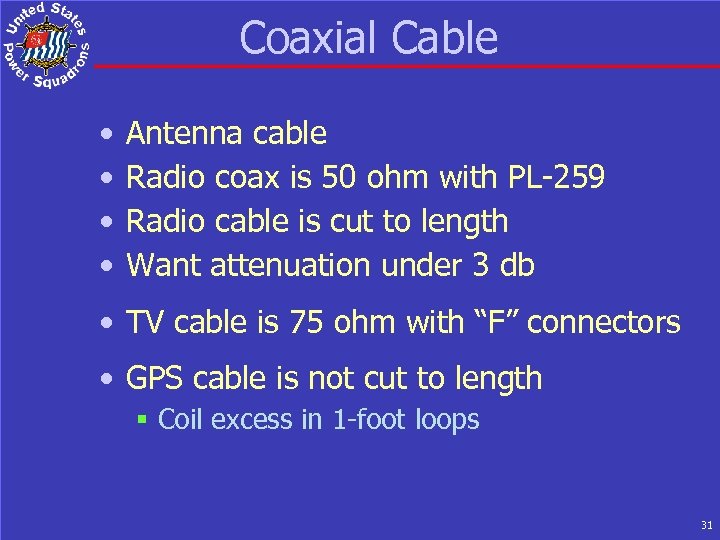 Coaxial Cable • • Antenna cable Radio coax is 50 ohm with PL-259 Radio