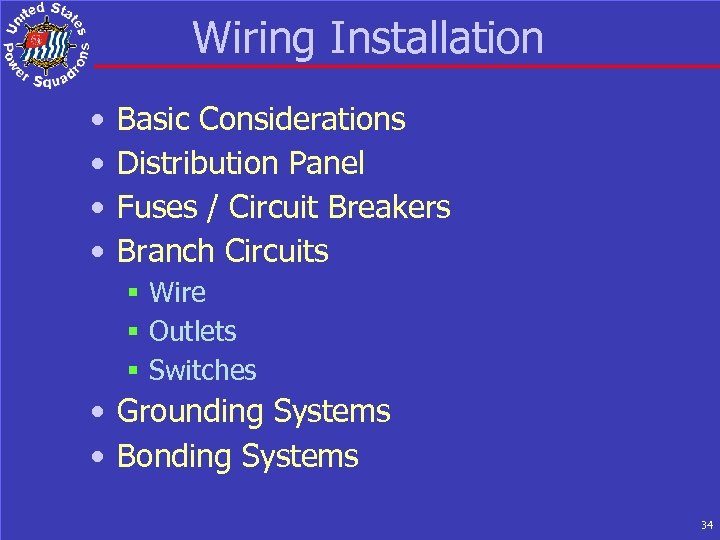 Wiring Installation • • Basic Considerations Distribution Panel Fuses / Circuit Breakers Branch Circuits