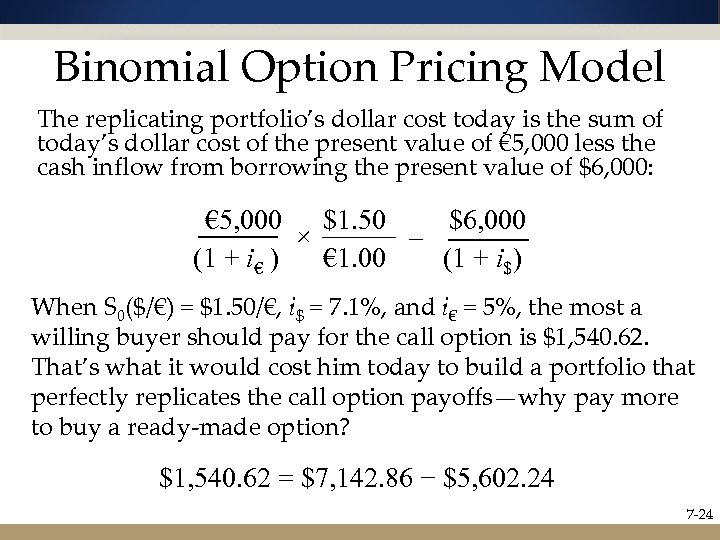 Binomial Option Pricing Model The replicating portfolio’s dollar cost today is the sum of