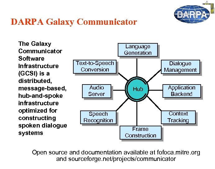 DARPA Galaxy Communicator The Galaxy Communicator Software Infrastructure (GCSI) is a distributed, message-based, hub-and-spoke