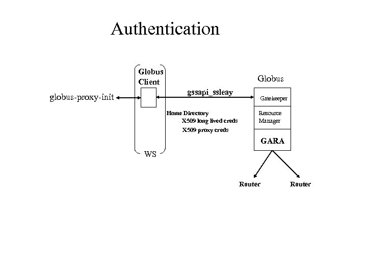 Authentication Globus Client Globus gssapi_ssleay globus-proxy-init Home Directory X 509 long lived creds X