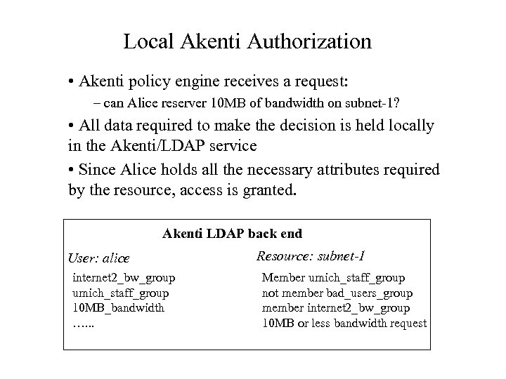 Local Akenti Authorization • Akenti policy engine receives a request: – can Alice reserver