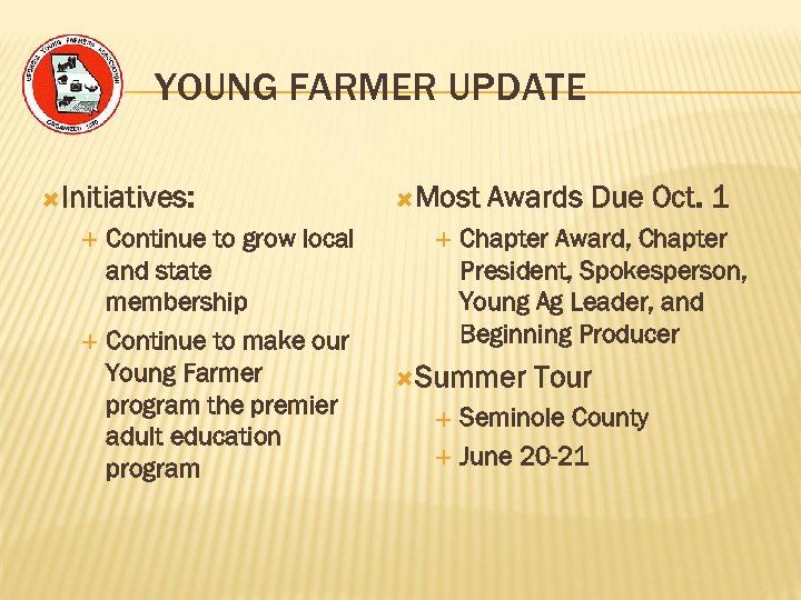 YOUNG FARMER UPDATE Initiatives: Continue to grow local and state membership Continue to make