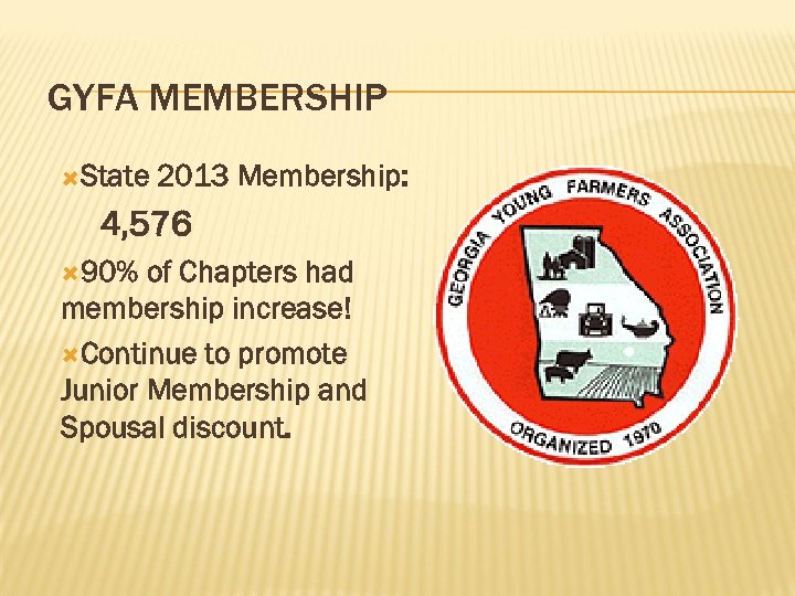 GYFA MEMBERSHIP State 2013 Membership: 4, 576 90% of Chapters had membership increase! Continue