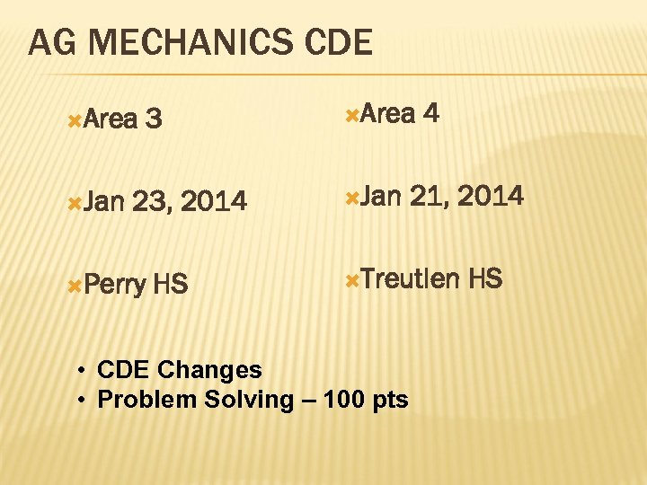 AG MECHANICS CDE Area Jan 3 23, 2014 Perry HS Area Jan 4 21,