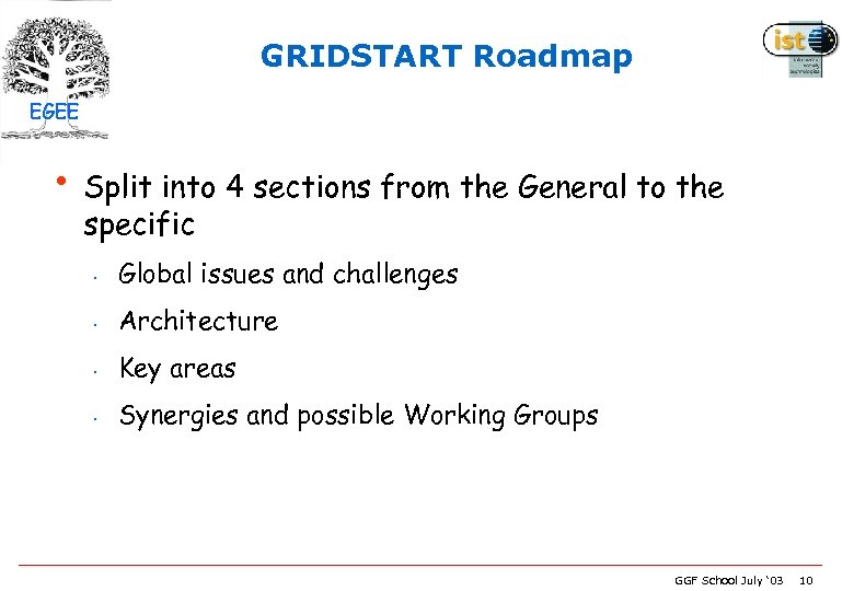 GRIDSTART Roadmap EGEE • Split into 4 sections from the General to the specific