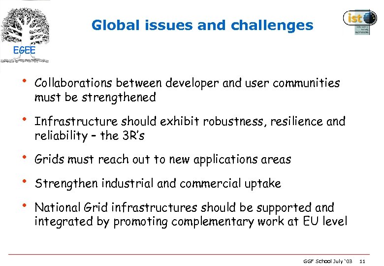 Global issues and challenges EGEE • Collaborations between developer and user communities must be