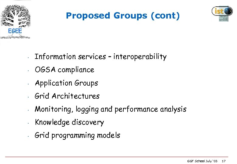 Proposed Groups (cont) EGEE • Information services – interoperability • OGSA compliance • Application