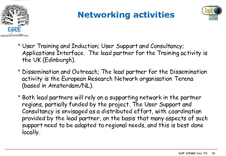 Networking activities EGEE • User Training and Induction; User Support and Consultancy; Applications Interface.