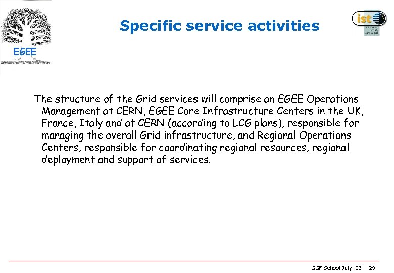 Specific service activities EGEE The structure of the Grid services will comprise an EGEE
