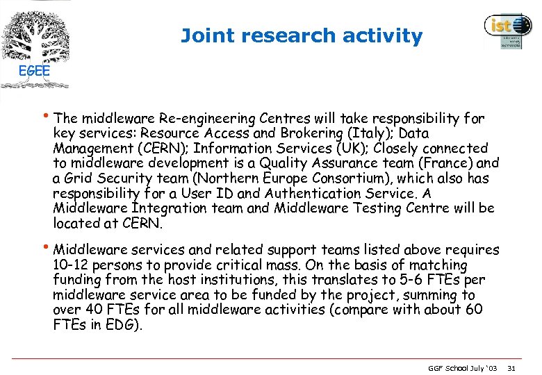 Joint research activity EGEE • The middleware Re-engineering Centres will take responsibility for key