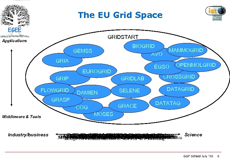 The EU Grid Space EGEE GRIDSTART Applications BIOGRID AVO GEMSS MAMMOGRID GRIA EGSO EUROGRID