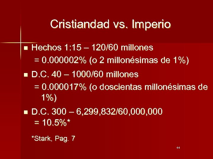 Cristiandad vs. Imperio n Hechos 1: 15 – 120/60 millones = 0. 000002% (o