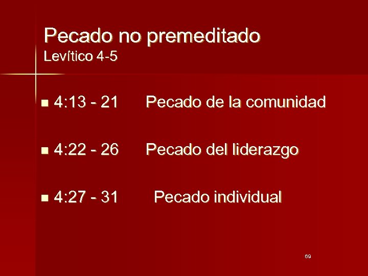 Pecado no premeditado Levítico 4 -5 n 4: 13 - 21 Pecado de la