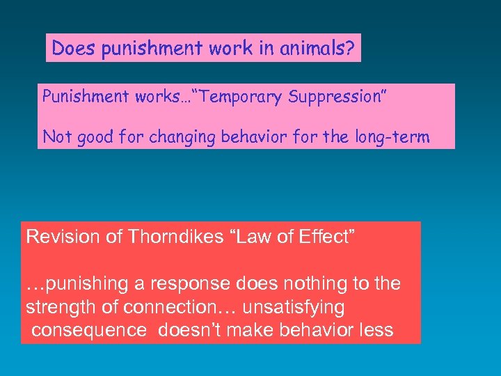 Does punishment work in animals? Punishment works…“Temporary Suppression” Not good for changing behavior for