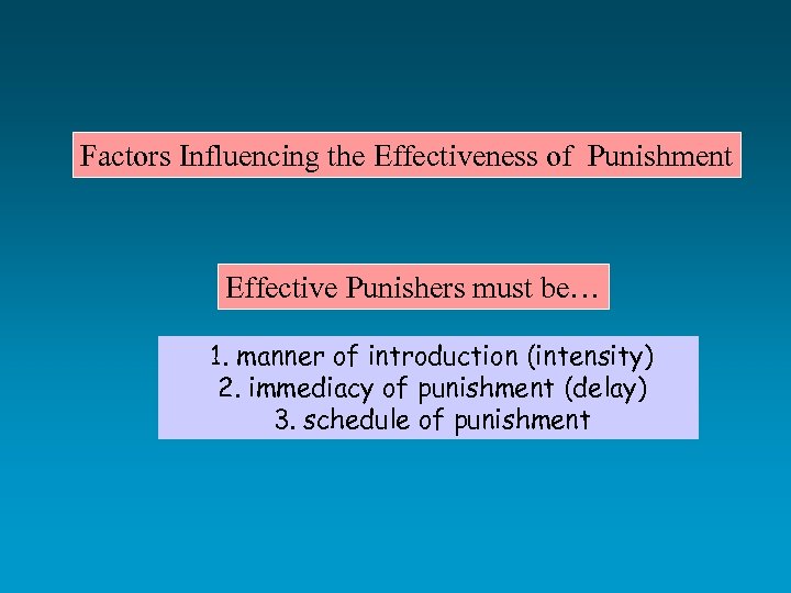 Factors Influencing the Effectiveness of Punishment Effective Punishers must be… 1. manner of introduction